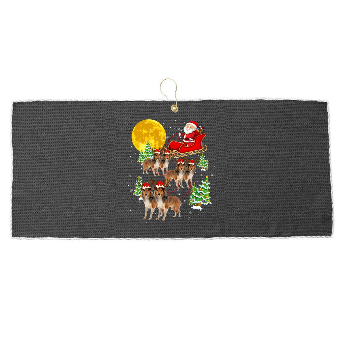 Funny Reindeer Sheltie Dogs With Santa Sleigh Xmas Holiday Funny Gift Large Microfiber Waffle Golf Towel