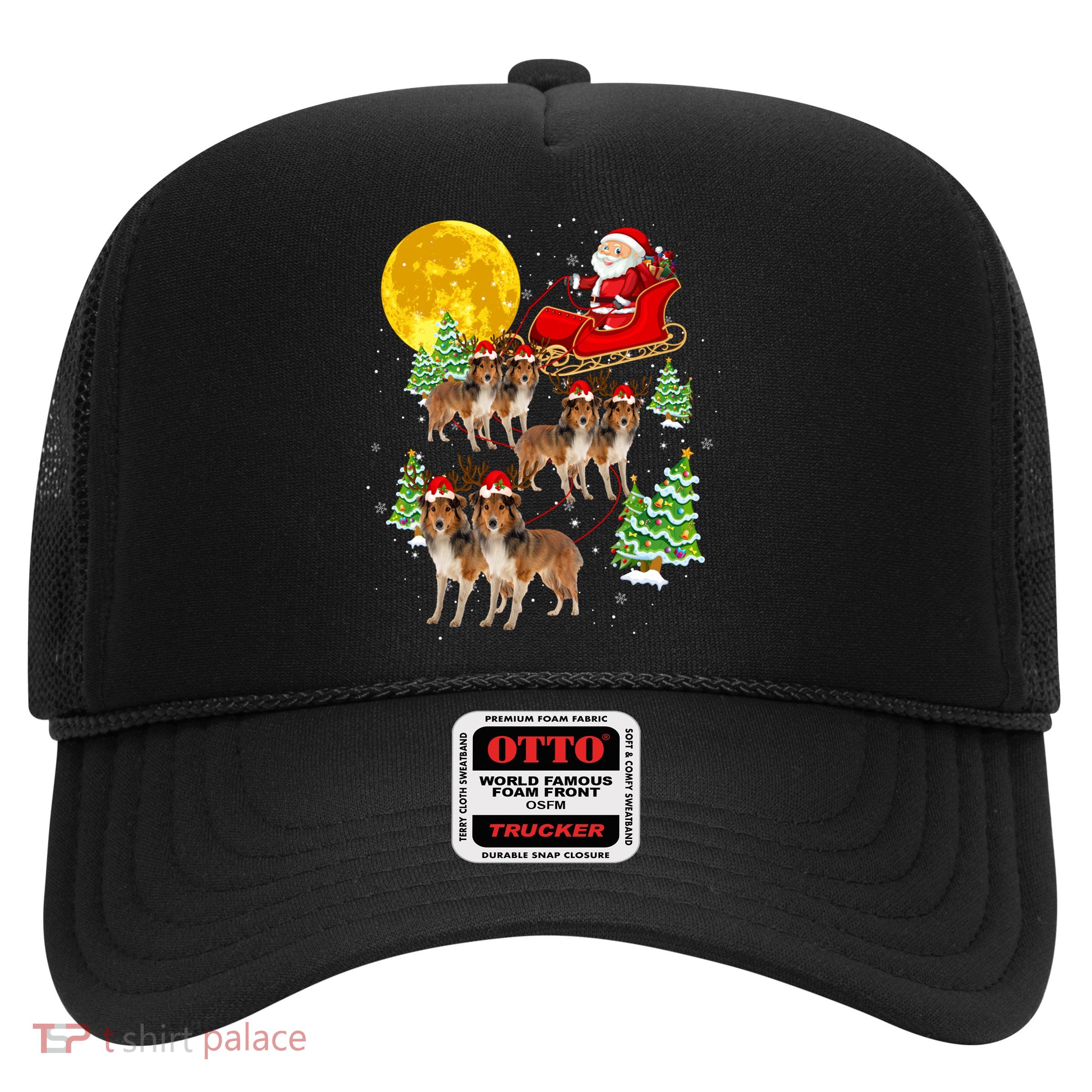 Funny Reindeer Sheltie Dogs With Santa Sleigh Xmas Holiday Funny Gift Trucker Hat