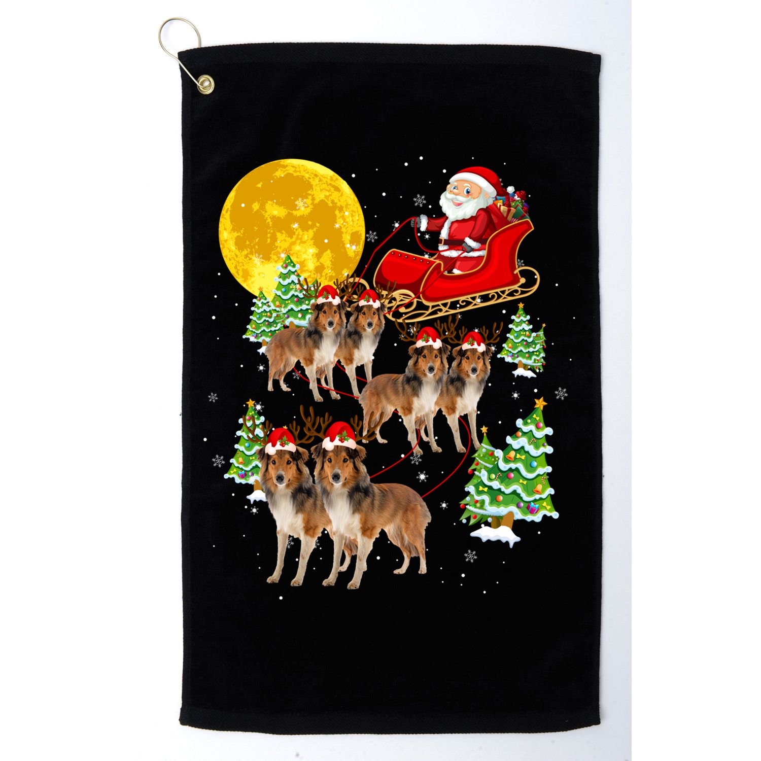 Funny Reindeer Sheltie Dogs With Santa Sleigh Xmas Holiday Funny Gift Golf Towel