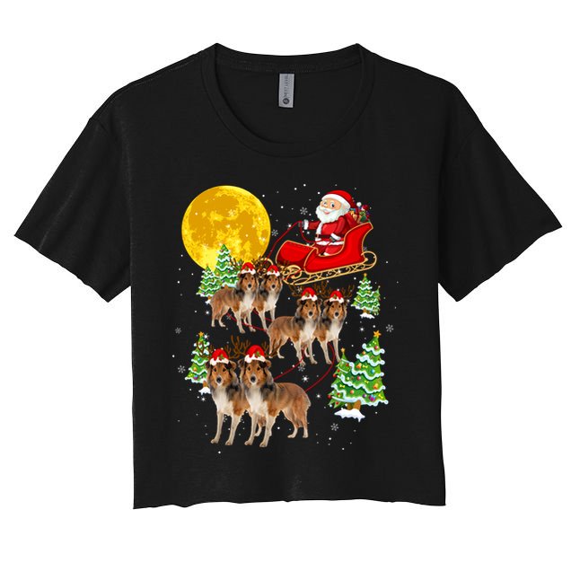 Funny Reindeer Sheltie Dogs With Santa Sleigh Xmas Holiday Funny Gift Crop Top