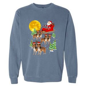 Funny Reindeer Sheltie Dogs With Santa Sleigh Xmas Holiday Funny Gift Garment-Dyed Sweatshirt