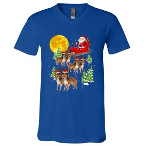 Funny Reindeer Sheltie Dogs With Santa Sleigh Xmas Holiday Funny Gift V-Neck T-Shirt