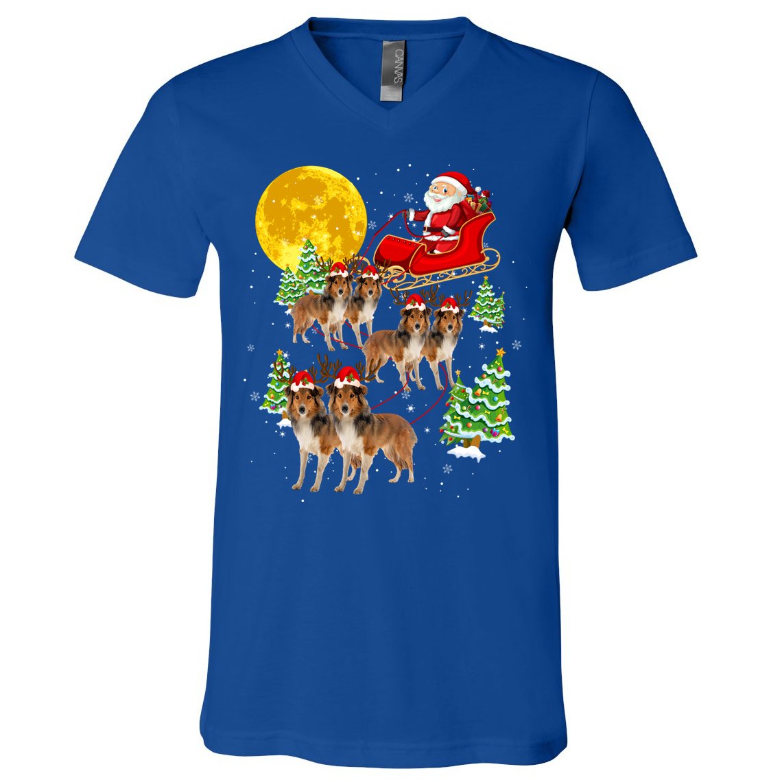 Funny Reindeer Sheltie Dogs With Santa Sleigh Xmas Holiday Funny Gift V-Neck T-Shirt