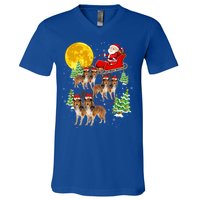 Funny Reindeer Sheltie Dogs With Santa Sleigh Xmas Holiday Funny Gift V-Neck T-Shirt