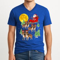 Funny Reindeer Sheltie Dogs With Santa Sleigh Xmas Holiday Funny Gift V-Neck T-Shirt