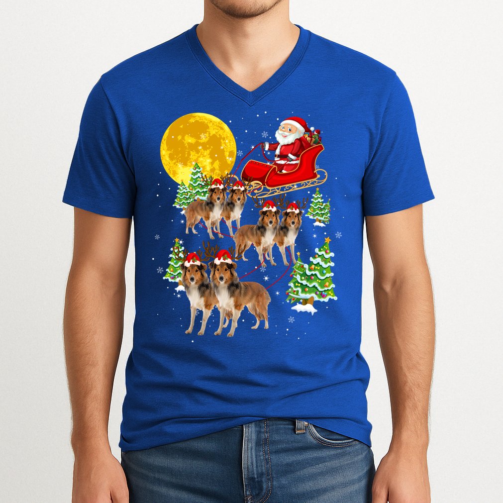 Funny Reindeer Sheltie Dogs With Santa Sleigh Xmas Holiday Funny Gift V-Neck T-Shirt