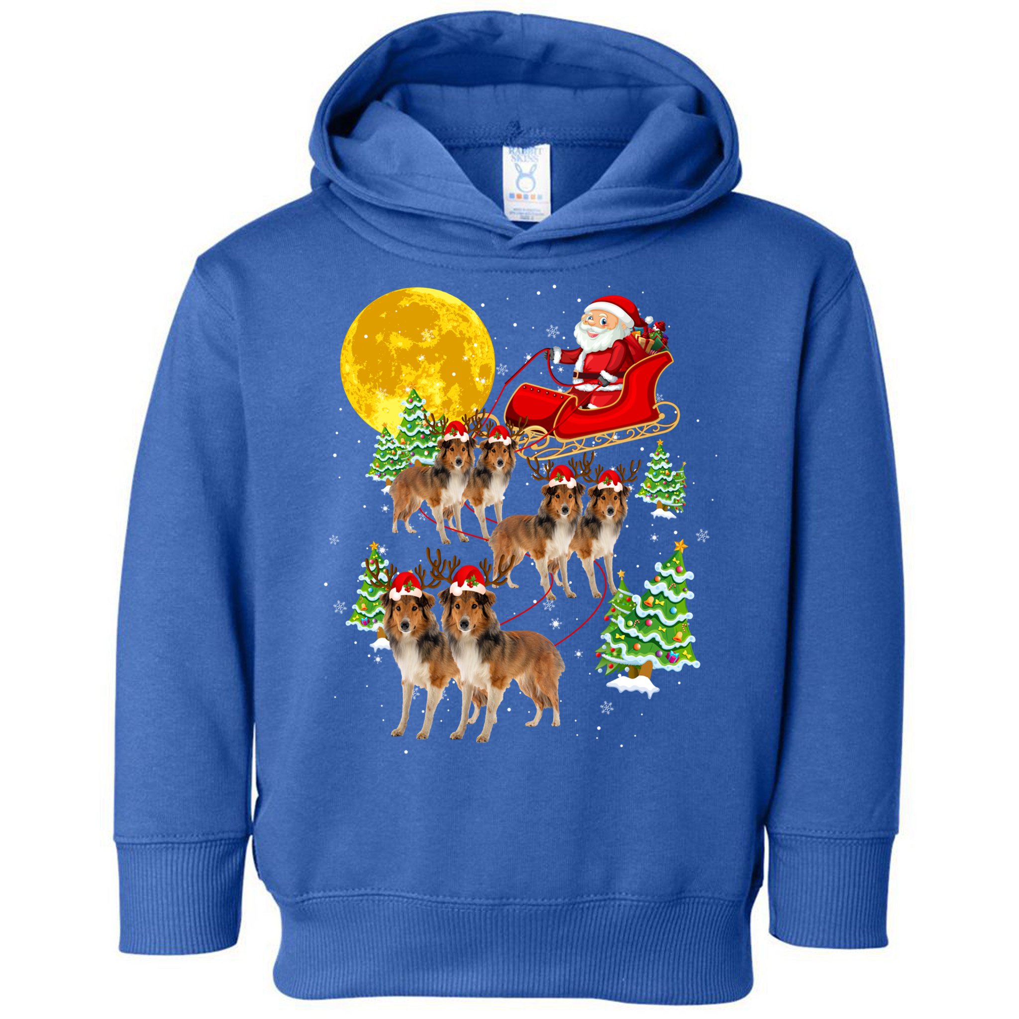 Funny Reindeer Sheltie Dogs With Santa Sleigh Xmas Holiday Funny Gift Toddler Hoodie