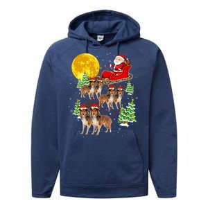 Funny Reindeer Sheltie Dogs With Santa Sleigh Xmas Holiday Funny Gift Performance Fleece Hoodie