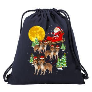 Funny Reindeer Sheltie Dogs With Santa Sleigh Xmas Holiday Funny Gift Drawstring Bag