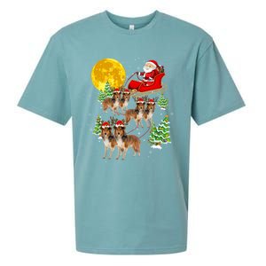 Funny Reindeer Sheltie Dogs With Santa Sleigh Xmas Holiday Funny Gift Sueded Cloud Jersey T-Shirt