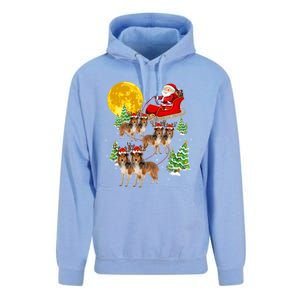 Funny Reindeer Sheltie Dogs With Santa Sleigh Xmas Holiday Funny Gift Unisex Surf Hoodie