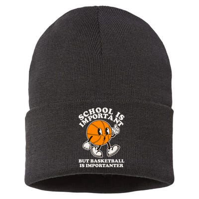 Funny Retro School Is Important But Basketball Is Importanter Sustainable Knit Beanie