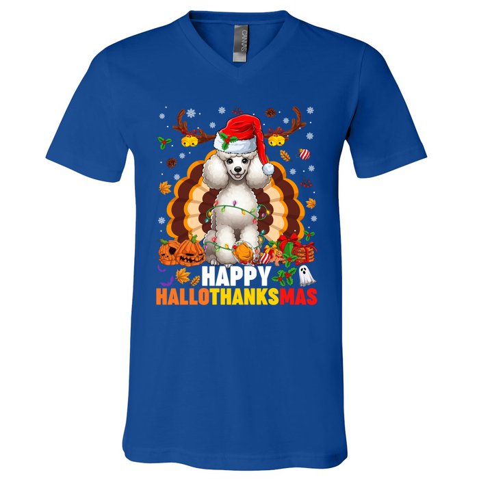 Funny Reindeer Santa Turkey Poodle Dog Happy Hallothanksmas Gift V-Neck T-Shirt