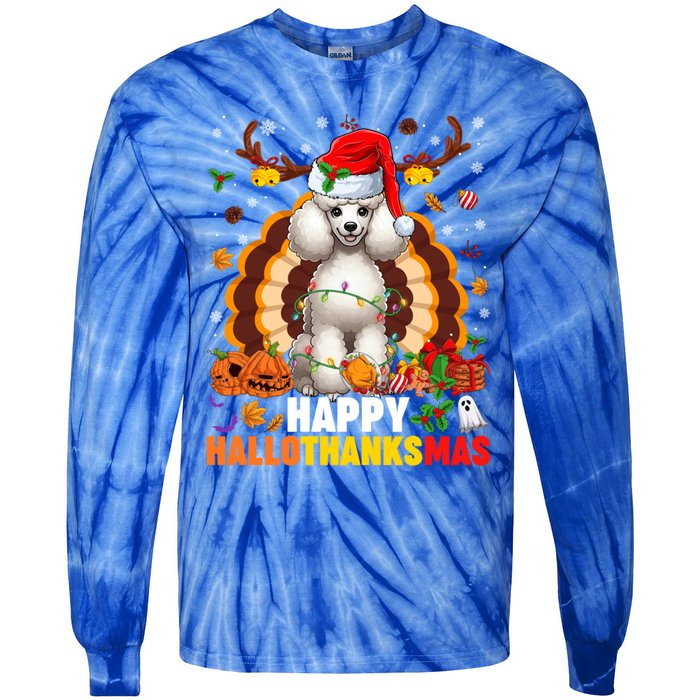 Funny Reindeer Santa Turkey Poodle Dog Happy Hallothanksmas Gift Tie-Dye Long Sleeve Shirt