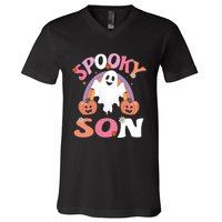 Family Retro Spooky Son Groovy Retro Halloween Ghost Pumpkin Costume Gift V-Neck T-Shirt