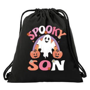 Family Retro Spooky Son Groovy Retro Halloween Ghost Pumpkin Costume Gift Drawstring Bag