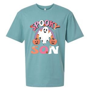 Family Retro Spooky Son Groovy Retro Halloween Ghost Pumpkin Costume Gift Sueded Cloud Jersey T-Shirt