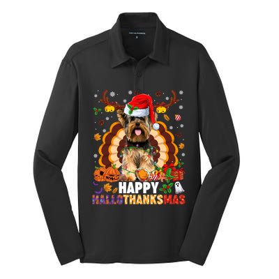 Funny Reindeer Santa Turkey Yorkie Dog Happy Hallothanksmas Gift Silk Touch Performance Long Sleeve Polo