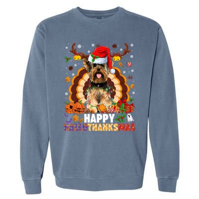 Funny Reindeer Santa Turkey Yorkie Dog Happy Hallothanksmas Gift Garment-Dyed Sweatshirt