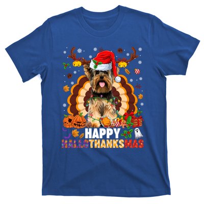 Funny Reindeer Santa Turkey Yorkie Dog Happy Hallothanksmas Gift T-Shirt