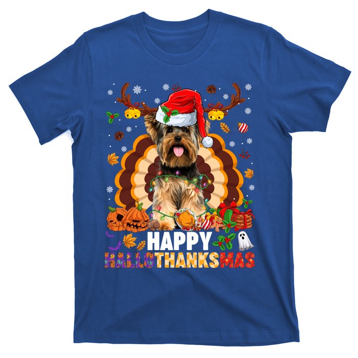 Funny Reindeer Santa Turkey Yorkie Dog Happy Hallothanksmas Gift T-Shirt