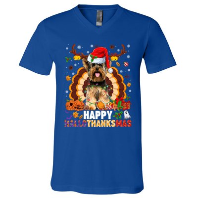 Funny Reindeer Santa Turkey Yorkie Dog Happy Hallothanksmas Gift V-Neck T-Shirt