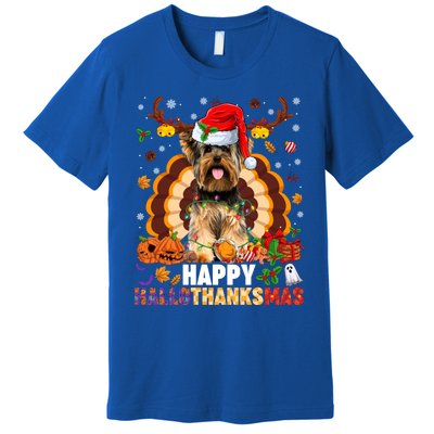 Funny Reindeer Santa Turkey Yorkie Dog Happy Hallothanksmas Gift Premium T-Shirt