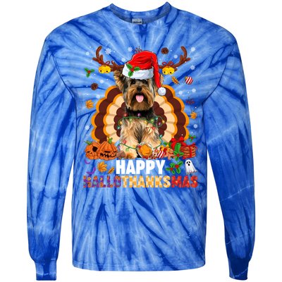 Funny Reindeer Santa Turkey Yorkie Dog Happy Hallothanksmas Gift Tie-Dye Long Sleeve Shirt