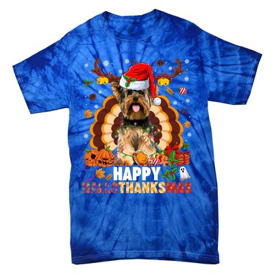 Funny Reindeer Santa Turkey Yorkie Dog Happy Hallothanksmas Gift Tie-Dye T-Shirt