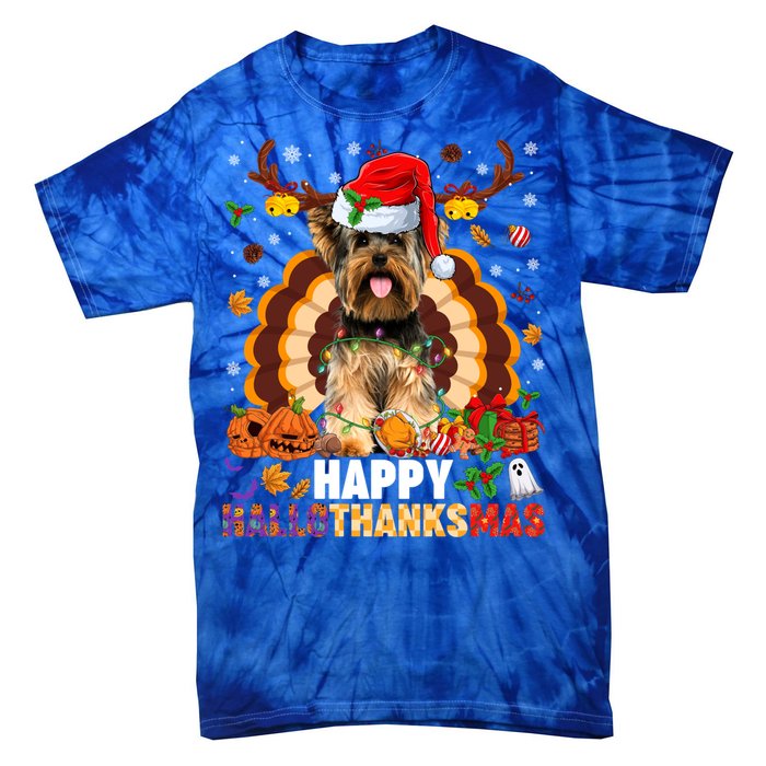 Funny Reindeer Santa Turkey Yorkie Dog Happy Hallothanksmas Gift Tie-Dye T-Shirt