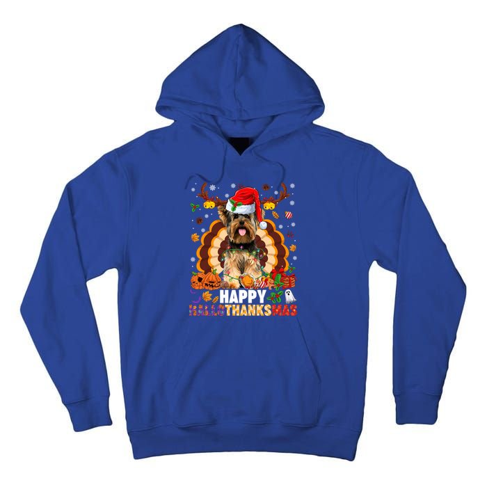 Funny Reindeer Santa Turkey Yorkie Dog Happy Hallothanksmas Gift Tall Hoodie