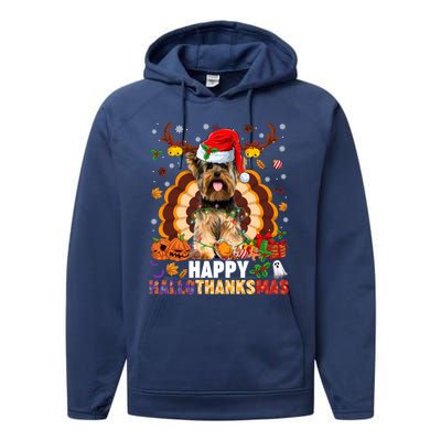 Funny Reindeer Santa Turkey Yorkie Dog Happy Hallothanksmas Gift Performance Fleece Hoodie