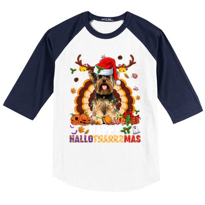 Funny Reindeer Santa Turkey Yorkie Dog Happy Hallothanksmas Gift Baseball Sleeve Shirt