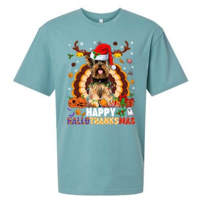 Funny Reindeer Santa Turkey Yorkie Dog Happy Hallothanksmas Gift Sueded Cloud Jersey T-Shirt