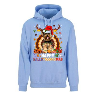 Funny Reindeer Santa Turkey Yorkie Dog Happy Hallothanksmas Gift Unisex Surf Hoodie