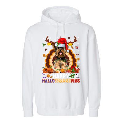 Funny Reindeer Santa Turkey Yorkie Dog Happy Hallothanksmas Gift Garment-Dyed Fleece Hoodie