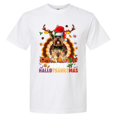 Funny Reindeer Santa Turkey Yorkie Dog Happy Hallothanksmas Gift Garment-Dyed Heavyweight T-Shirt