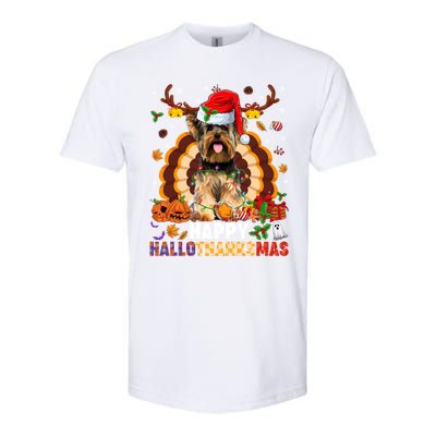 Funny Reindeer Santa Turkey Yorkie Dog Happy Hallothanksmas Gift Softstyle CVC T-Shirt