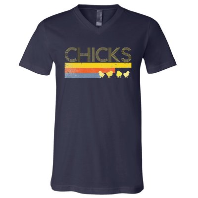 Funny Retro Striped Easter Chicks Chick Baby Chicken V-Neck T-Shirt