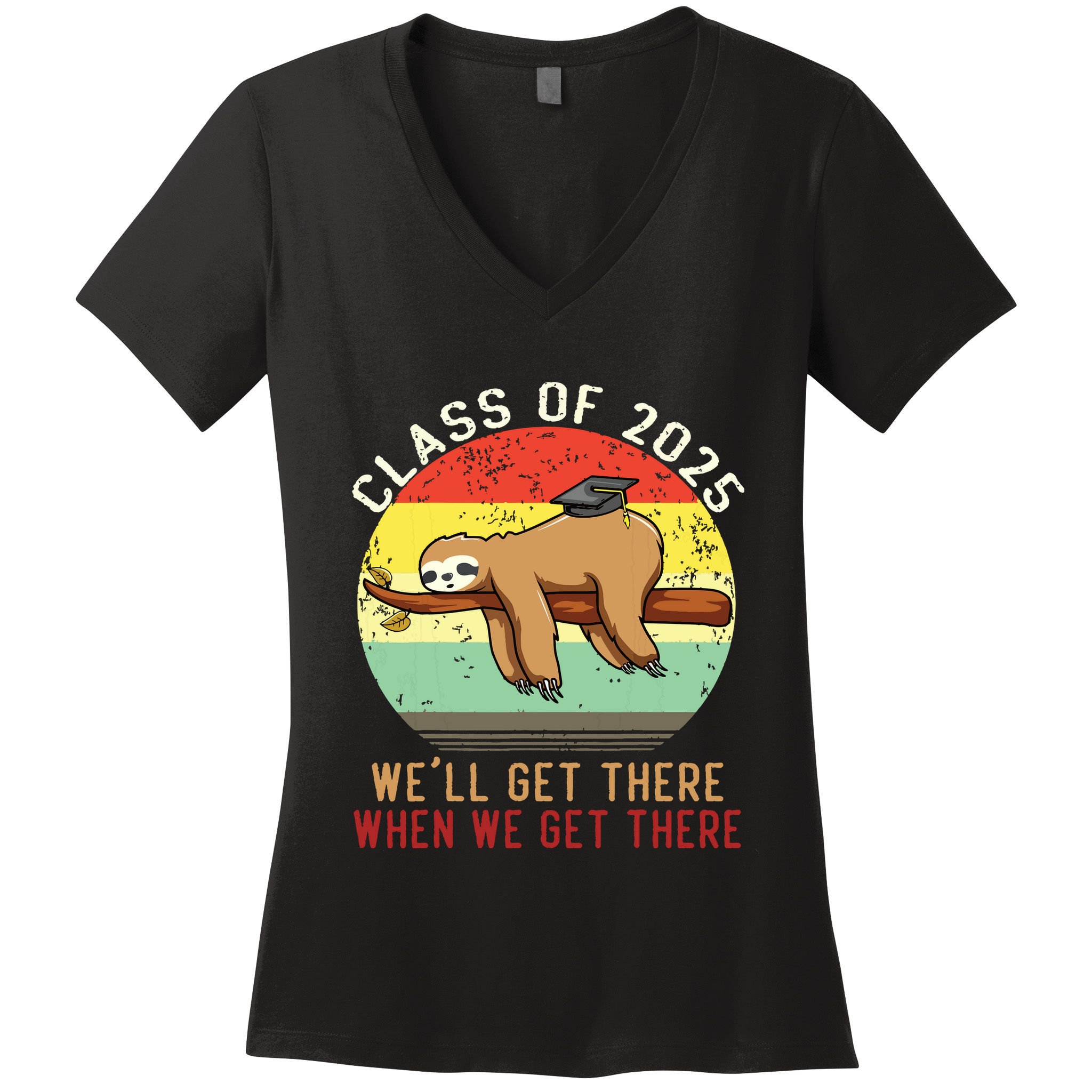 Funny Retro Senior Class Of 2025 Sloth Cap Graduation Gifts Women's V-Neck T-Shirt