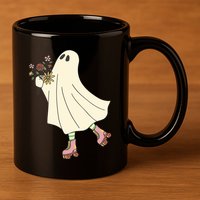 Floral Roller Skating Ghost 11oz C Handle Ceramic Mug