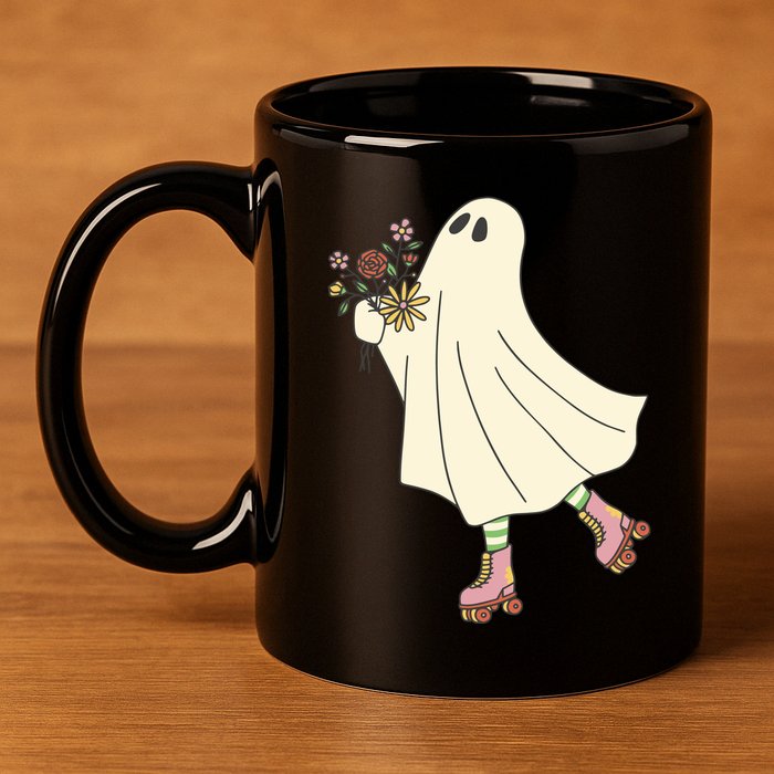 Floral Roller Skating Ghost 11oz C Handle Ceramic Mug