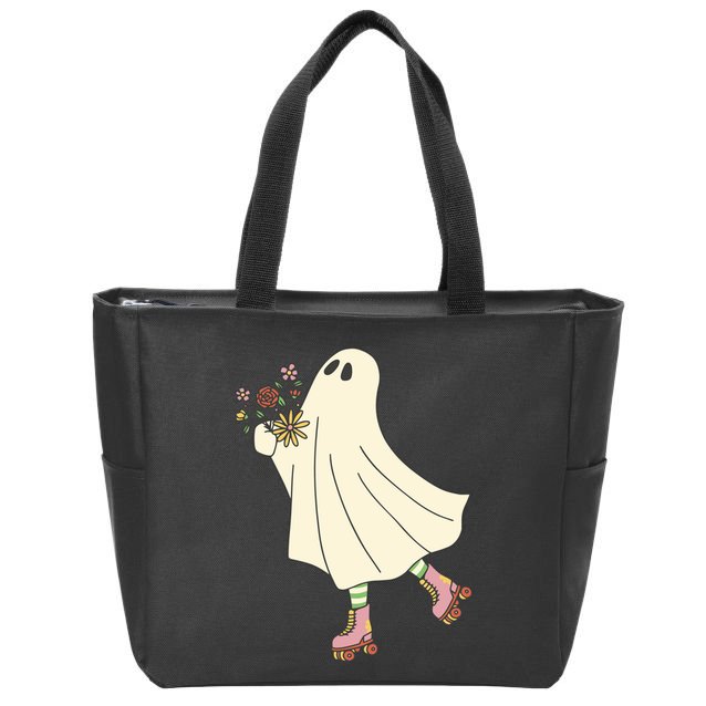 Floral Roller Skating Ghost Zip Tote Bag