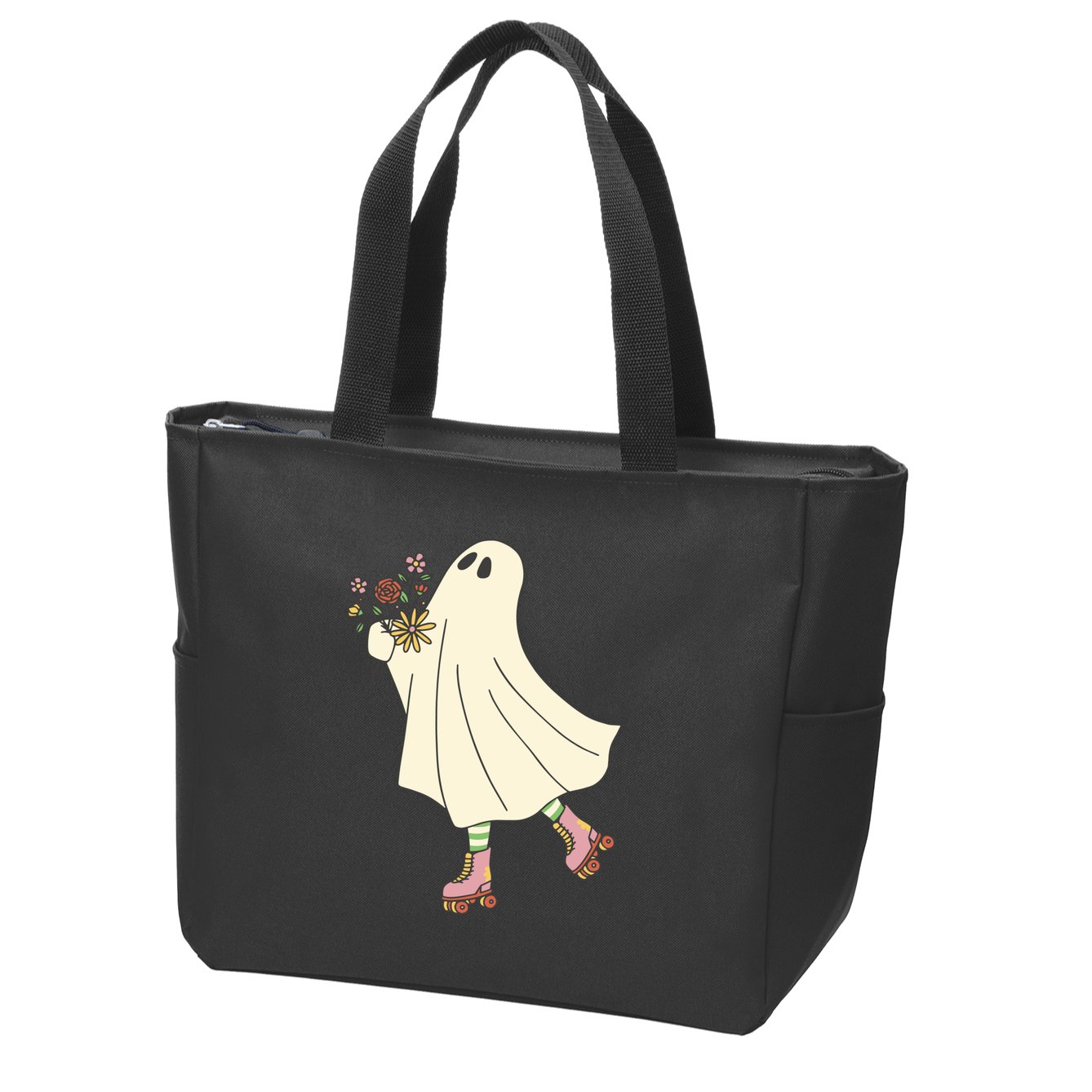 Floral Roller Skating Ghost Zip Tote Bag