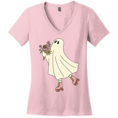 Floral Roller Skating Ghost Women's V-Neck T-Shirt