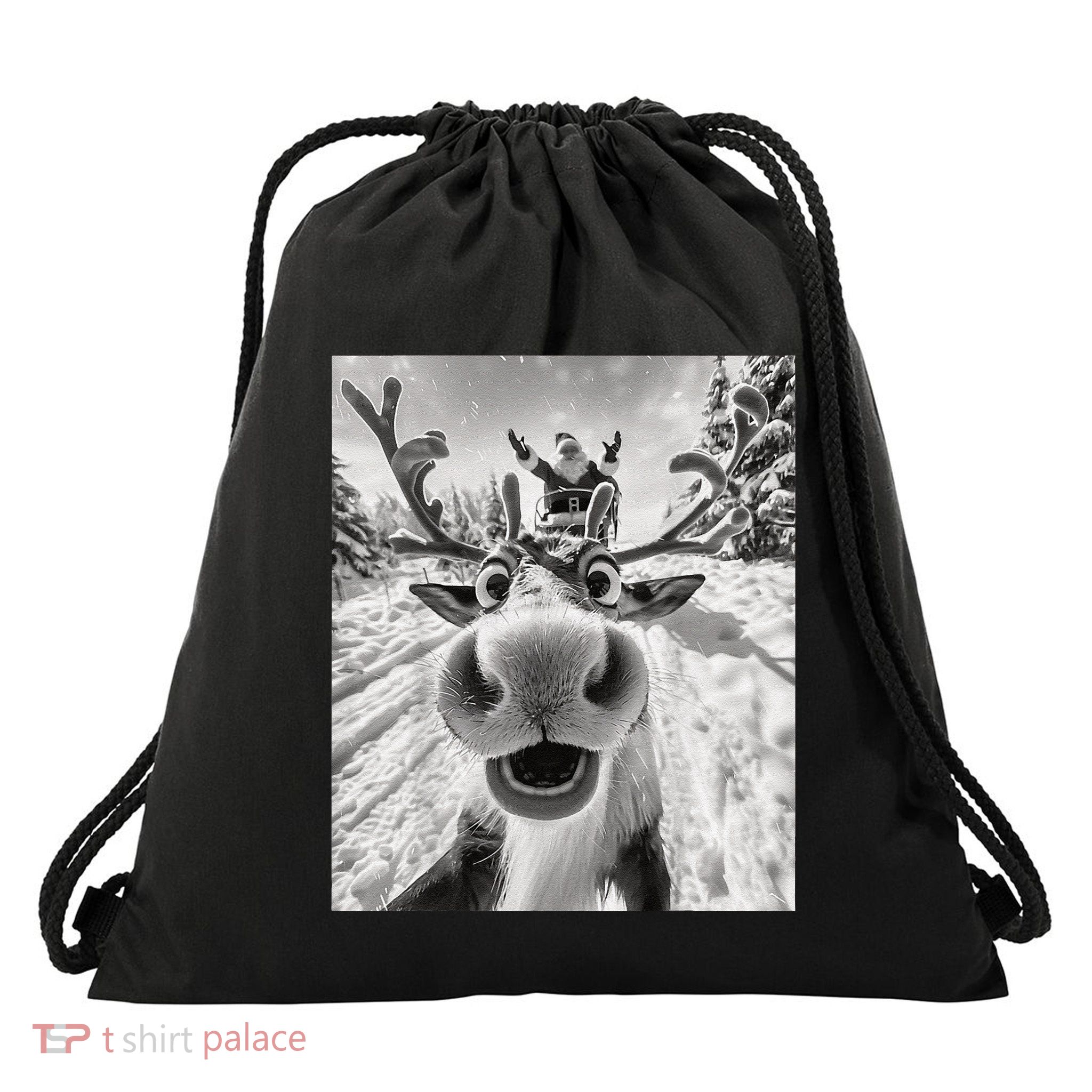 Funny Reindeer Selfie Christmas Drawstring Bag