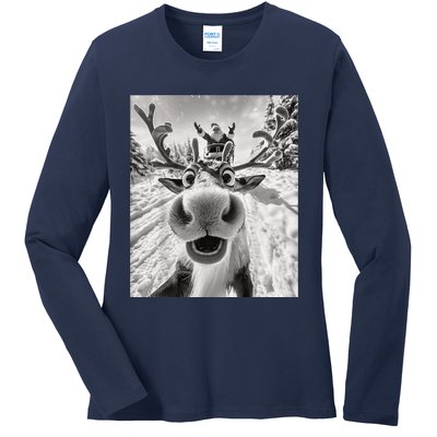 Funny Reindeer Selfie Christmas Ladies Long Sleeve Shirt