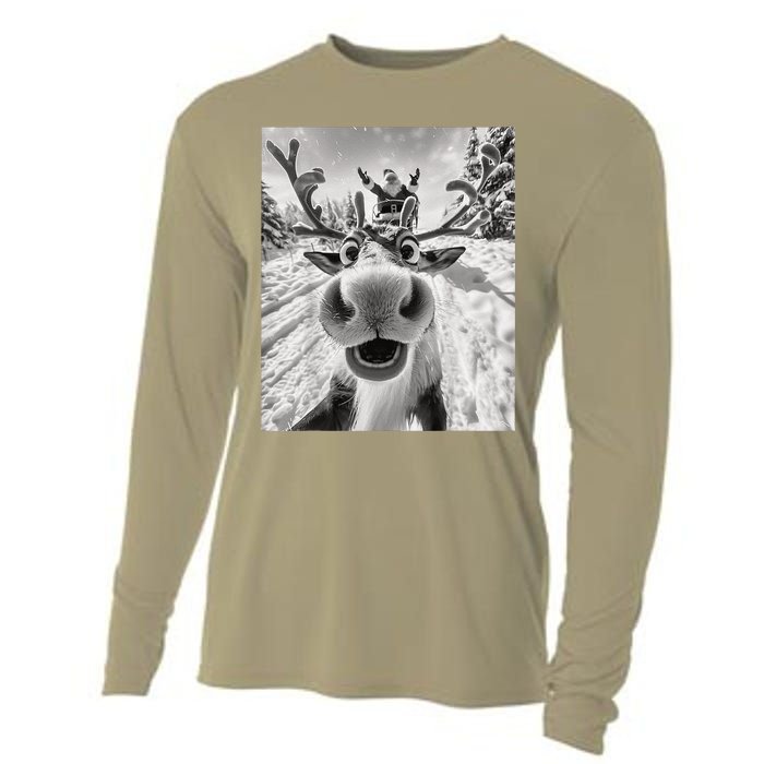 Funny Reindeer Selfie Christmas Cooling Performance Long Sleeve Crew