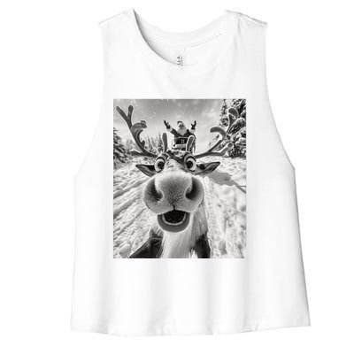 Funny Reindeer Selfie Christmas Women's Racerback Cropped Tank