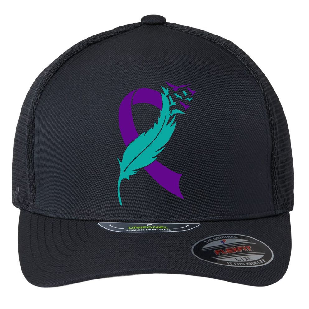 Feather Ribbon Suicide Prevention Awareness Flexfit Unipanel Trucker Cap